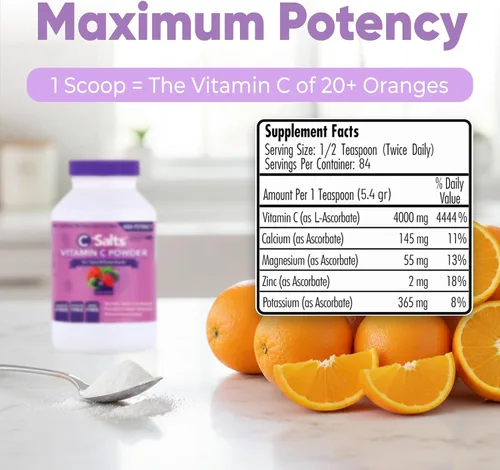 Miniatura 4 de C-Salts Suplemento de Vitamina C en Polvo - 100% Puro Vitamina C Amortiguada de Alta Dosis para Apoyo Inmunológico - Orgánico, Sin Azúcar, Vegano