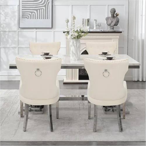 Miniatura 5 de adochr Juego de 2 sillas de comedor de terciopelo, sillas de cocina tapizadas con patas de metal, respaldo abotonado moderno con anillo de tracción