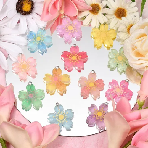 Miniatura 5 de DanLingJewelry 24 dijes de flores de cerezo de resina para mujer, joyería para hacer collares, aretes Colgantes de flores - 24 piezas