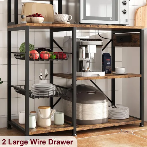 Miniatura 5 de IDEALHOUSE Estante para panaderos con toma de corriente, soporte para microondas con 2 cajones de alambre, estación de barra de café industrial