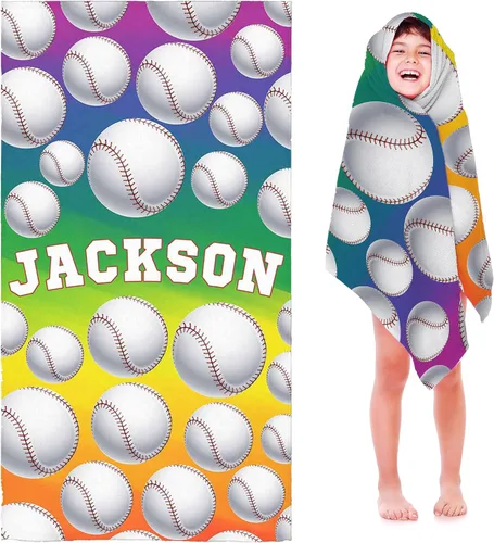 Miniatura 27 de Toalla de playa de béisbol personalizada para niños y niños, toalla de playa deportiva personalizada con nombre, número de equipo, regalos