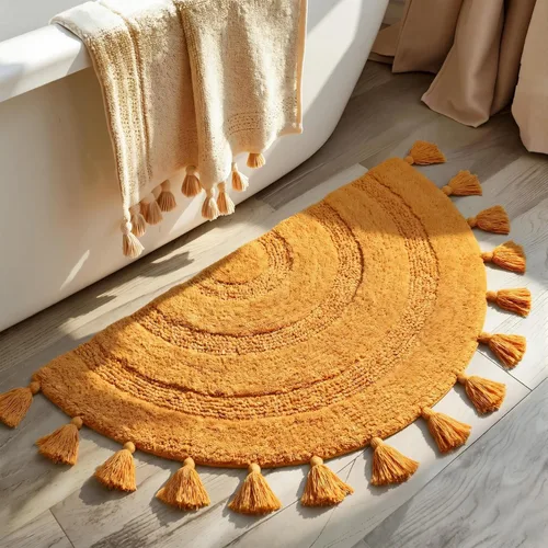 Miniatura 10 de Alfombra de medio círculo con borlas para decoración bohemia de dormitorio, extra suave, 100% algodón, tejida a mano, antideslizante, absorbente