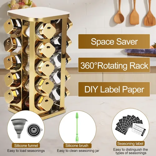 Miniatura 5 de Estante de especias de acero inoxidable para cocina con 20 latas de vidrio de grado alimenticio, soporte vertical giratorio con etiqueta de especias