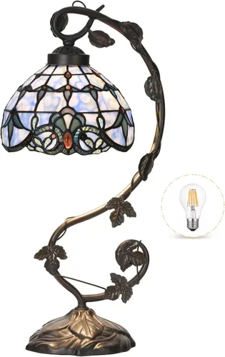 Miniatura 10 de TL0024 Lámpara estilo Tiffany azul mar con libélula, pantalla de vidrio emplomado y base de lámpara de mesa con diseño de vid para dormitorio, sala