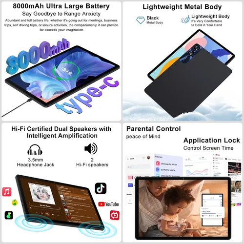Miniatura 7 de Tableta 11 pulgadas Android 14 Tabletas, 24GB+256GB+1TB Expand, tableta Android con 8000mAh, Octa-Core, 13MP+5MP Cámara, Pantalla táctil IPS, WiFi