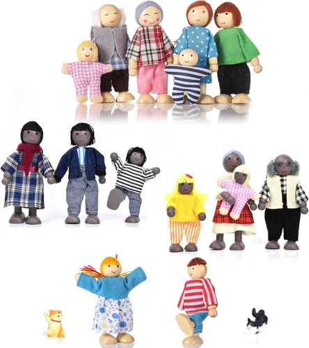 17 piezas de casa de muñecas de madera, personas de 15 figuras familiares y 2 mascotas (perro y gato), juego familiar de muñecas para niñas y niños