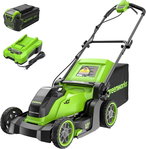 Greenworks Cortacésped inalámbrico de 40 V y 17 pulgadas, motor sin escobillas, batería de 4.0 Ah y cargador (más de 75 herramientas compatibles),