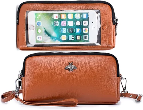Miniatura 8 de Cuero genuino pantalla táctil teléfono bolsa bolsa muñeca bolso cartera para mujeres niñas
