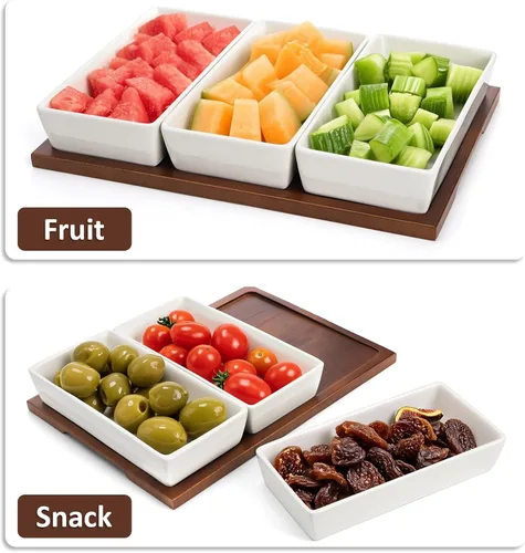 Miniatura 5 de Elsjoy Bandeja de servir de 3 secciones, plato de madera dividido con cuencos de cerámica, bandeja de inmersión de 3 compartimentos para aperitivos