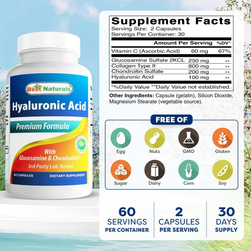 Miniatura 2 de Best Naturals Ácido hialurónico 100 mg 60 cápsulas - Apoya las articulaciones saludables y la piel juvenil