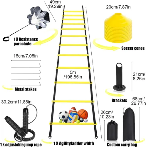 Miniatura 2 de Escalera de Agilidad, Conjunto de Equipo de Entrenamiento de Velocidad, Escalera de Velocidad de 20 Pies con Peldaños, Conos de Fútbol, Cuerda