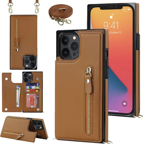 Miniatura 31 de Funda cruzada para teléfono iPhone 13 Pro Max de cuero con tarjetero, funda protectora extraíble, correa de cuero ajustable con botón, compatible