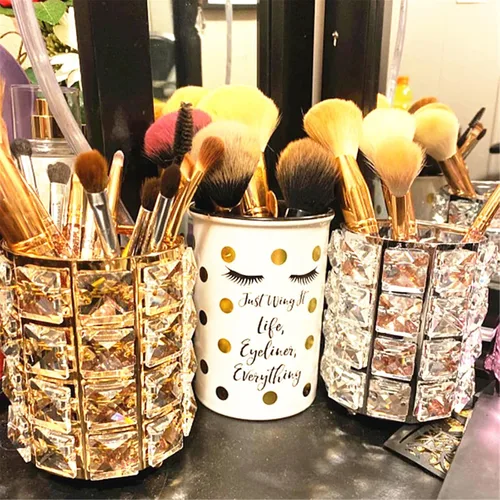 Miniatura 4 de LUGUNU - Organizador para brochas de maquillaje con brillo de cristal dorado personalizado, con peine de oro, caja de almacenamiento para bolígrafos