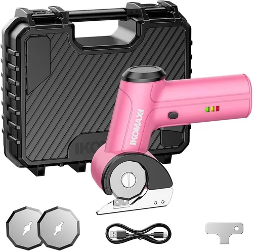 KOMAX Tijeras eléctricas inalámbricas, cortador de cartón de 4 V con 3 cuchillas, batería recargable de 2000 mAh, caja de almacenamiento, tijeras de