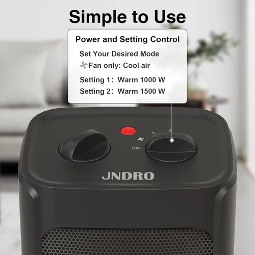 Miniatura 2 de Calentador de espacio portátil eléctrico - JNDRO 1500 W/1000 W, calentador de cerámica mini seguro y silencioso, calienta hasta 200 pies cuadrados