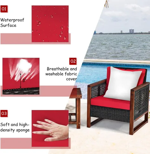 Miniatura 7 de Tangkula Juego de muebles de mimbre de 3 piezas, juego de sofá de ratán para exteriores con cojín lavable y mesa de centro de madera de acacia, Rojo