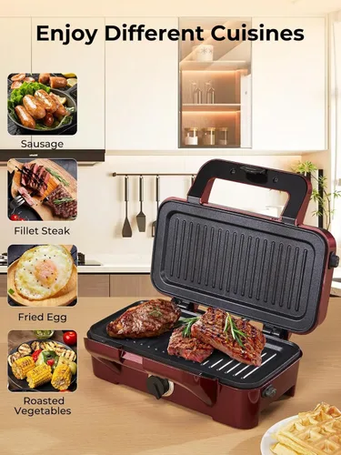 Miniatura 6 de HOUSNAT Sandwicherera, waflera 3 en 1 con placas extraíbles, prensa Panini de 1200 W con placas antiadherentes intercambiables, luces indicadoras