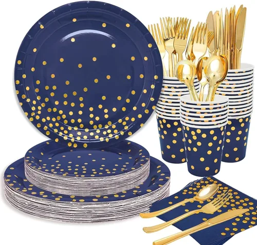 Miniatura 8 de 175 piezas de decoraciones de fiesta moradas y doradas, juegos de platos, tazas y servilletas moradas, platos desechables dorados para suministros