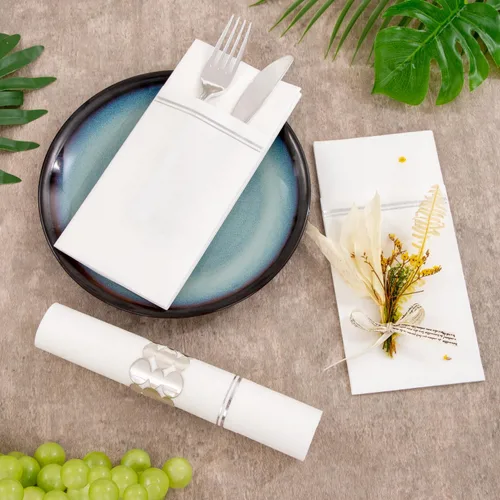 Miniatura 3 de Nervure 100 Piezas Servilletas de Papel Plateadas con Bolsillo Integrado para Cubiertos - Servilletas Desechables Preplegadas Blancas y Plateadas