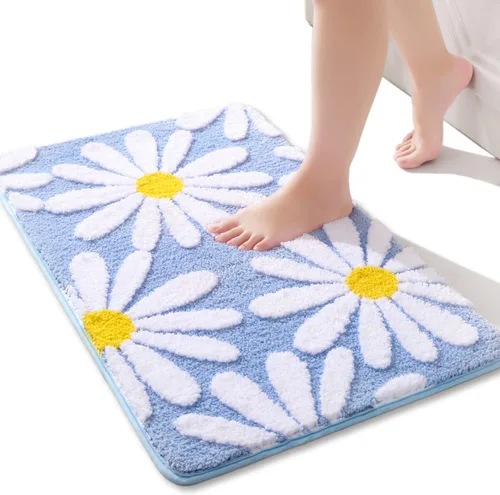 Miniatura 12 de QJHOMO Alfombra de baño azul con diseño de margaritas, decoración de flores blancas y amarillas, alfombra antideslizante de microfibra, súper Azul