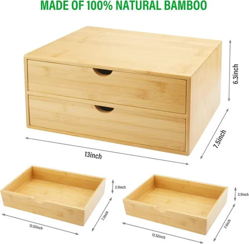 Miniatura 3 de Charmewooden Organizador de escritorio de bambú con cajones, organizador de encimera con cajones, cajón de almacenamiento de maquillaje, 2 cajones
