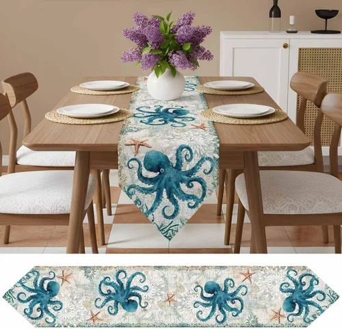 Miniatura 2 de Camino de mesa de verano pequeño de 13 x 36 pulgadas, acuarela azul, lino y algodón, pulpo de animales marinos, manteles retro con temática náutica