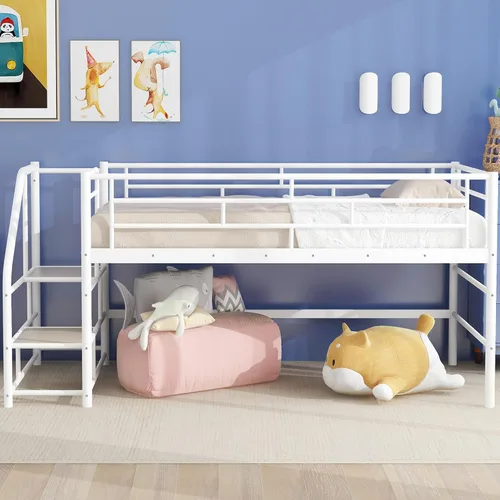 Merax Base de cama baja de metal junior para niñas y niños, ahorro de espacio/fácil de montar, color blanco