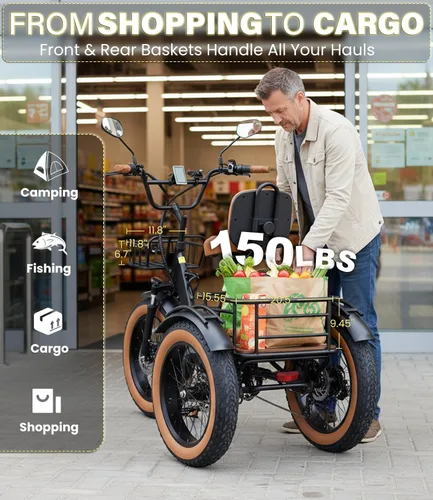 Miniatura 9 de KAKIGO Electric Tricycle for Adults,Peak 1350W Motor Etrike,48V15.6Ah Ebike,20"x4"Fat Tire Aluminum Folding Electric Trike,3-Wheel Electric