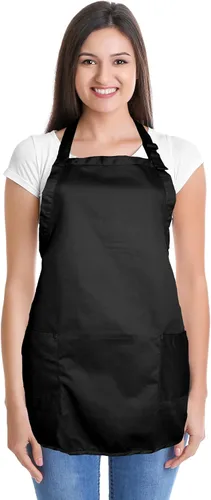 Miniatura 2 de Delantal de cocina para restaurante u hogar, estilo pechera, de hilado de poli algodón (2 bolsillos), Algodón, Negro, 30
