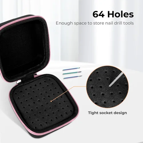 Miniatura 2 de Lavinda Juego de organizador para brocas de uñas rosa, estuche con 64 agujeros a prueba de polvo con espuma de alta densidad - Almacenamiento seguro