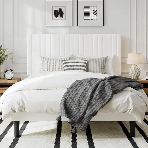 Miniatura 14 de GOLDORO Base de cama tapizada de terciopelo de tamaño matrimonial con cabecera capitoné de canal vertical, soporte de listones de madera,
