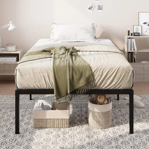 Miniatura 4 de Allewie Base de cama individual, camas de plataforma de metal de 18 pulgadas con espacio de almacenamiento, no necesita somier y fácil montaje, Negro