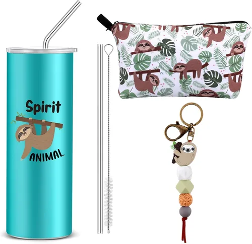 Abbylike 3 piezas de regalos de perezosos para mujeres, bolsa de maquillaje de perezoso, taza de viaje de acero inoxidable de 20 onzas con 1 tapa y