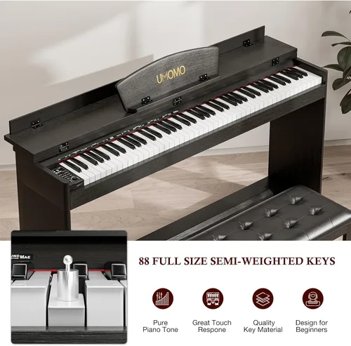 Miniatura 2 de UMOMO Teclado de piano digital de 88 teclas con peso y banco de piano, piano eléctrico de tamaño completo con soporte para piano, conector para Negro