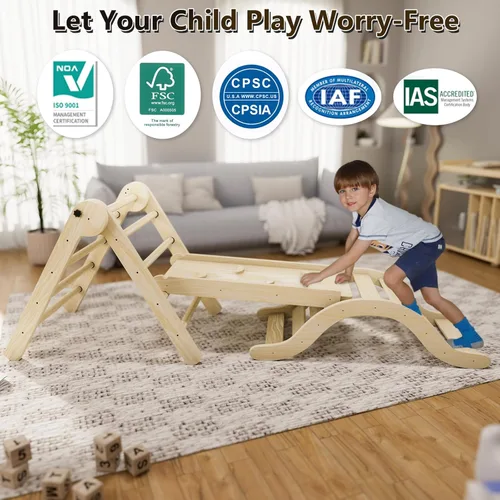 Miniatura 5 de bbgroundgrm Pikler - Juego de triángulos escalador 5 en 1, juguetes de escalada para niños pequeños plegables con rampa y arco para gimnasio