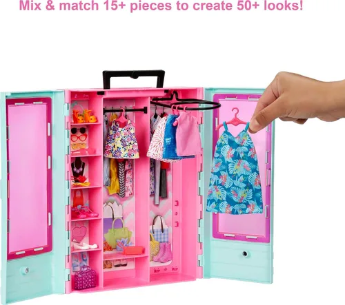 Miniatura 2 de Set de armario de Barbie con 3 conjuntos, accesorios de estilo y perchas, ropa para mezclar y combinar para más de 50 looks