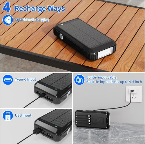 Miniatura 4 de Banco de Energía Cargador Solar 49800mAh, Carga Inalámbrica Portátil para Teléfono con 4 Cables Incorporados Carga Rápida 22.5W, Puerto