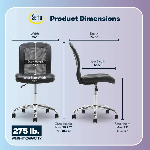 Miniatura 3 de Silla de escritorio Serta Essential sin brazos, sillas pequeñas de escritorio con ruedas, respaldo de malla transpirable y cuero sintético, asiento