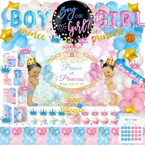 Miniatura 10 de Hombae - 170 piezas de decoraciones para revelación de género “cajas de bebé”, con fondo, guirnalda de globos, pancarta, mantel