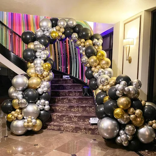 Miniatura 5 de Juego de 60 globos de color negro dorado y plateado, 60 globos metálicos cromados dorados y plateados de 12 pulgadas para cumpleaños, boda