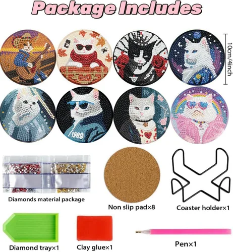 Miniatura 5 de Puraikcmi Juego de 8 posavasos de pintura de diamante, posavasos de arte de diamantes con soporte, manualidades de bricolaje, kits de arte