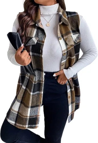 Miniatura 4 de Mina self Chaleco a cuadros para mujer, largo a la moda, casual, sin mangas, con botones y parte delantera abierta, con bolsillos