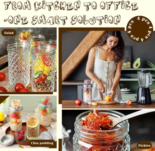 Miniatura 6 de Vesici Paquete de 4 recipientes de avena de 25 onzas con tapas, tazas de yogur de doble laryer con separación seca y húmeda, recipientes de avena
