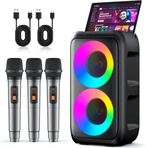 Miniatura 10 de Máquina de karaoke para adultos y niños, altavoz Bluetooth portátil con 2 micrófonos inalámbricos, modo TWS y luz LED, sistema PA de batería de 10