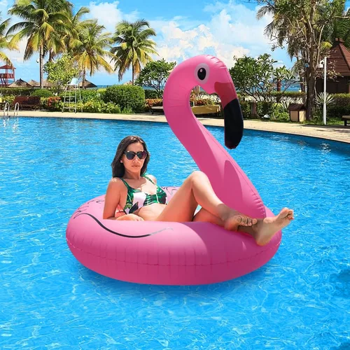 Miniatura 2 de Flotadores inflables de flamenco con luces, anillos de tubo de natación de flamenco alimentado por energía solar, flotadores de playa de lago de 42