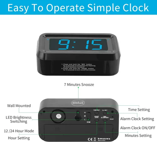 Miniatura 6 de KWANWA Reloj Despertador, Reloj Digital, Pantalla Constantemente de Dígitos LED Azules de 1.2'', Funciona con Baterías, Repetición, Reloj de Pared