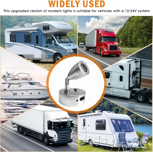 Miniatura 7 de 2PCS Foco LED RV de 12V - 24V Tamaño Pequeño Luz de Lectura Puerto de Carga USB Foco Giratorio 360°, Cualquier Toque Regulable 3500K Luz Cálida