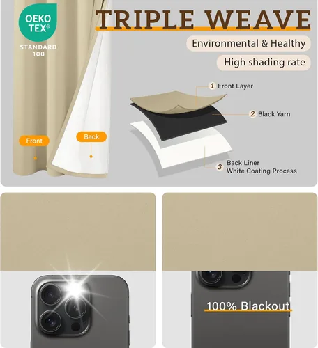 Miniatura 3 de 2 paneles de cortinas 100% opacas, cortinas ligeras con aislamiento térmico con ojales para dormitorio, sala de estar, tratamiento de ventana