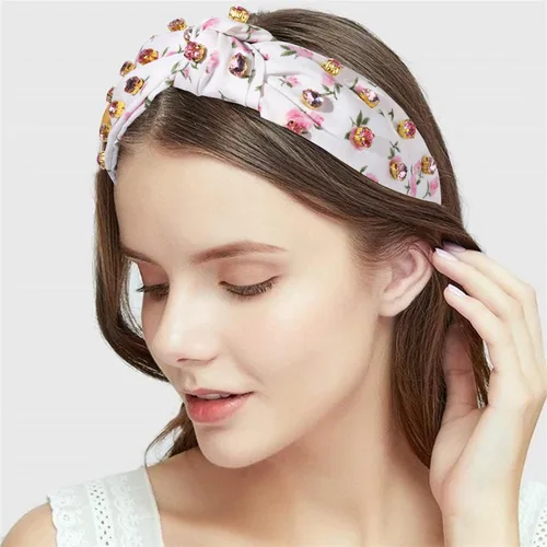 Miniatura 2 de Diademas anudadas con perlas para mujer, diademas de flores impresas con diamantes de imitación, diademas anudadas de cristal, cuentas brillantes