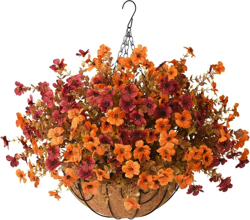 ZFProcess Cesta de flores artificiales colgantes de otoño, margaritas de seda sintética en maceta, realista, resistente a los rayos UV, para Naranja